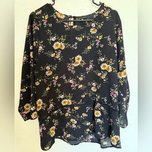 🌼 Zenobia Black Blouse with Yellow and Pink Floral Pattern